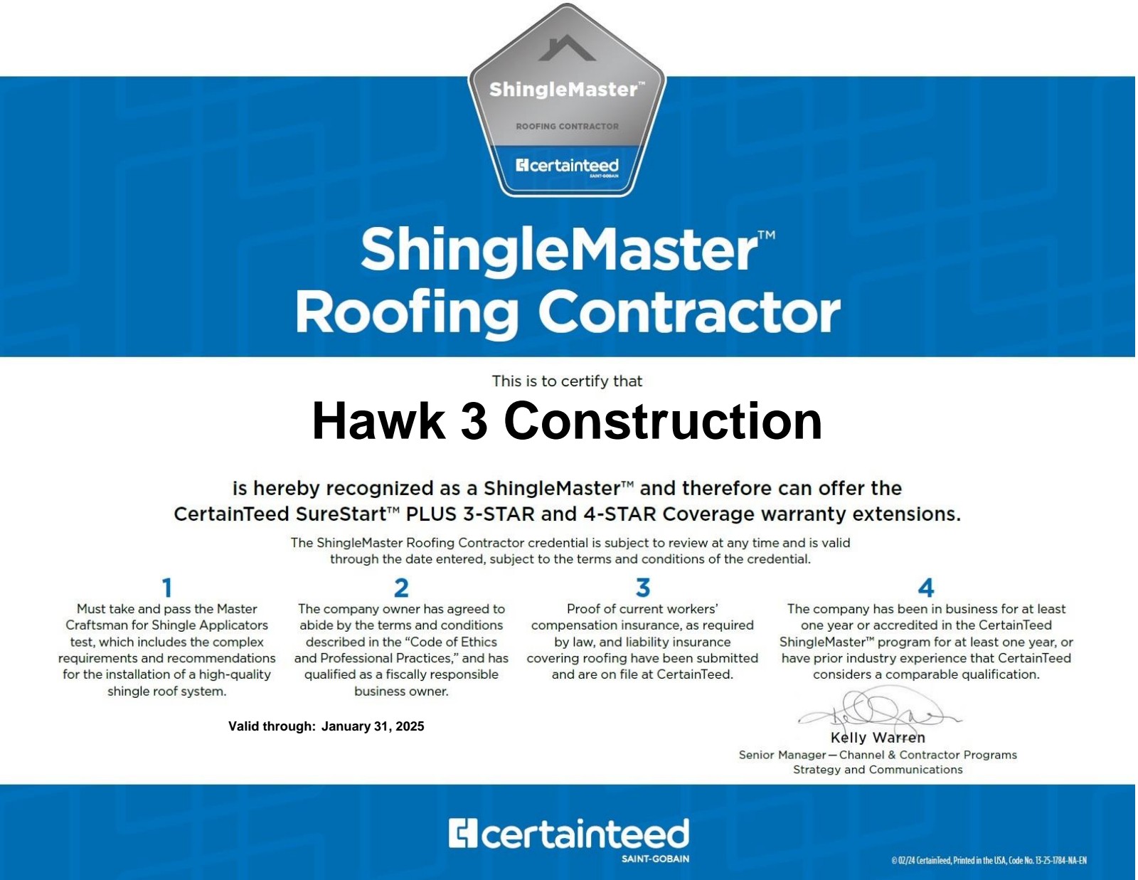 CertainTeed ShingleMaster Certification - Hawk 3 Construction