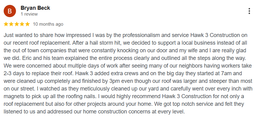 Google review from Bryan Beck customer