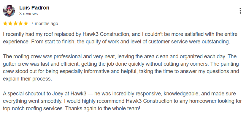 Google review from Luis Padron customer