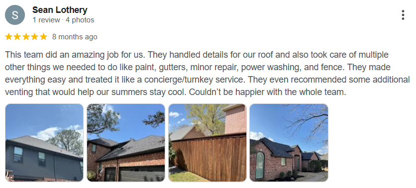 Google review from Sean Lothery customer